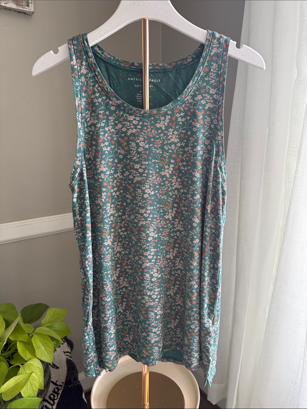 American Eagle Outfitters Teal Floral Tank with Pink Accents